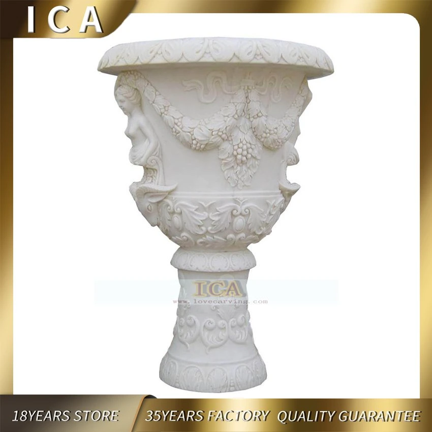 Outdoor Decorated Marble Stone Marble Garden Flowerpot