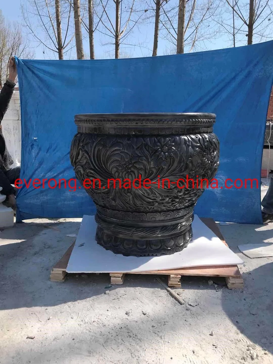 Natural Stone Planters, Black Granite Vase, Marble Carving Flowerpot for Garden Decoration