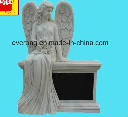 White Marble Carving Sitting Angel Statue Tombstone for Gravestone /Monument