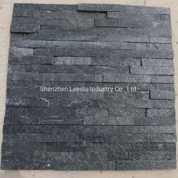 China Natural Veneer Black Quartzite Stacked Exterior Culture Stone Wall Cladding Panel