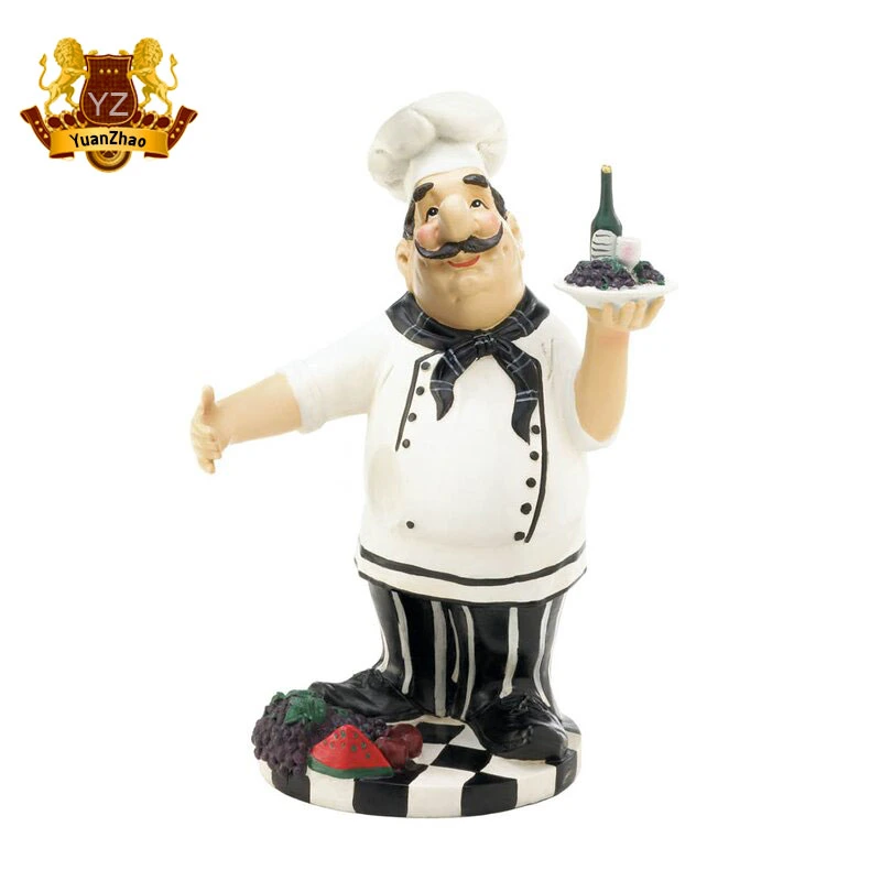 Customized Hand Made Resin Crafts Large Fat French Chef Fiberglass Statue with Skillet Pan