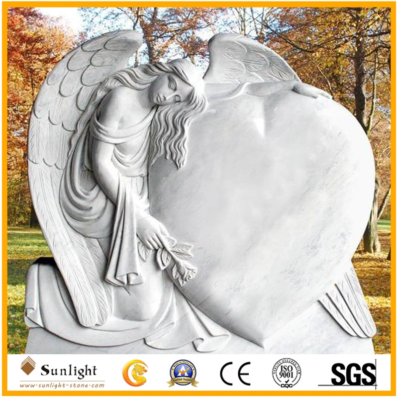 Simple Marble Tombstone with White Marble Praying Angel Statues