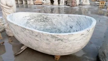 Blve Handcarved Baignoire de salle de bains en pierre solide autoportante Baignoire en marbre blanc